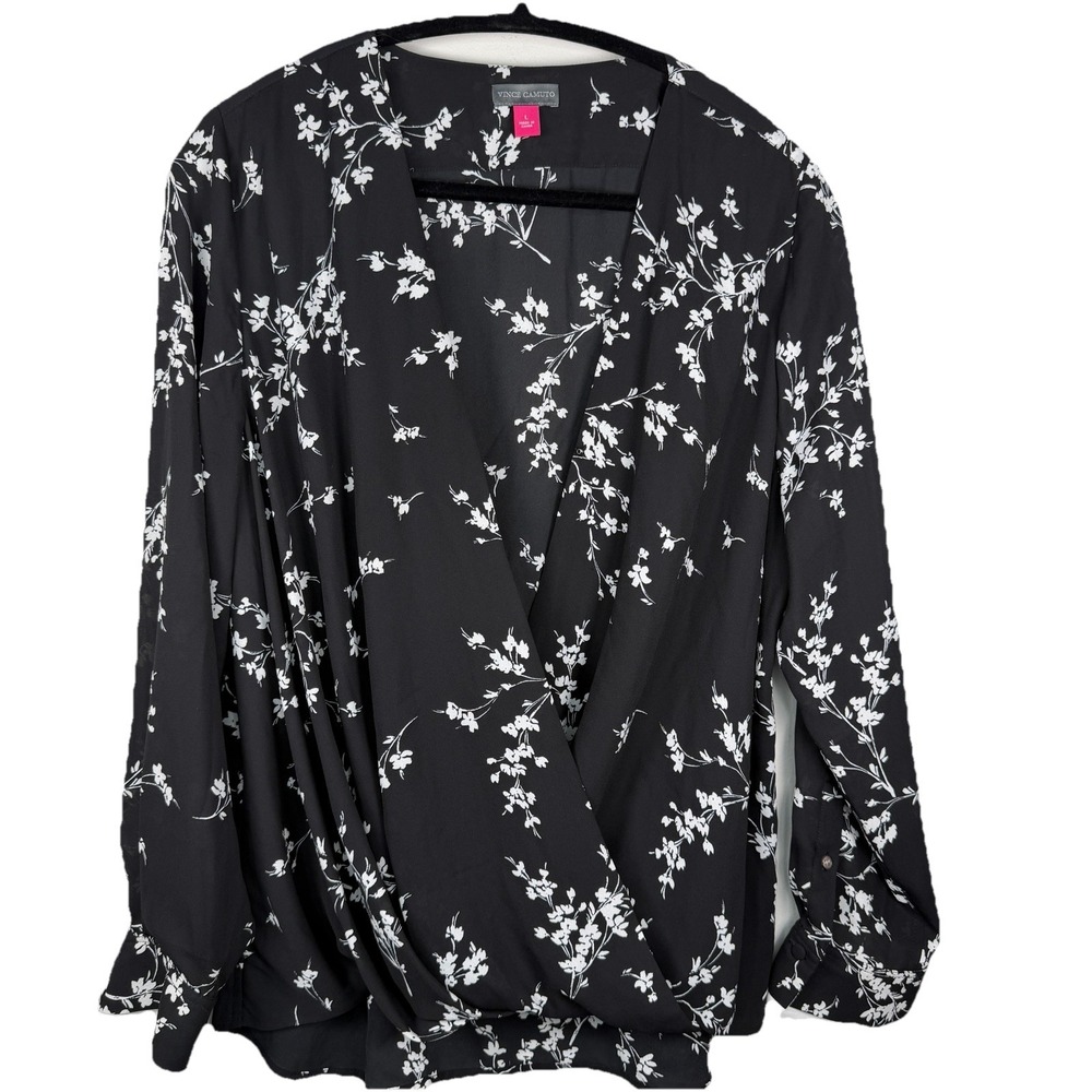 Vince Camuto Women's Large Blouse‎ , Black White Print Wrap Top Long Sleeve V